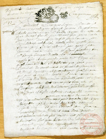 Compte-rendu de réunion des maitres du corps des bouchers. Thionville, 12 mars 1697