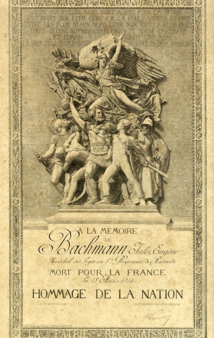 [Diplôme à la mémoire de Jules Eugène Bachmann maréchal des logis au 5e Régiment de Hussards mort pour la France le 18 août 1914]