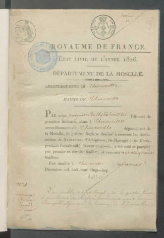 État civil : registre de naissances, mariages, décès (1826)