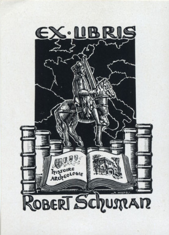 Ex-libris de Robert Schuman par Albert Haefeli représentant la statuette de Charlemagne.
