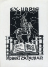 Ex-libris de Robert Schuman par Albert Haefeli représentant la statuette de Charlemagne.