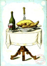 Table sur laquelle est posée un poulet rôti et une bouteille de vin