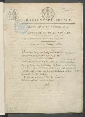 État civil : registre de naissances, mariages, décès (1823)