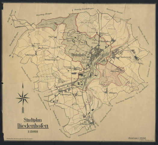 « STADTPLAN DIEDENHOFEN » - Thionville Service topographique 01.12.1940Thionville, Terville, Yutz, Manom, Volkrange, Florange, Uckange, Illange.