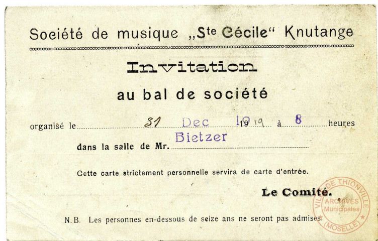 Société de musique 'Ste Cécile' Knutange - Invitation au bal de société organisé le 31 décembre 1919 à 8 heures dans la salle de Mr Bietzer