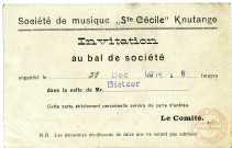 Société de musique 'Ste Cécile' Knutange - Invitation au bal de société organisé le 31 décembre 1919 à 8 heures dans la salle de Mr Bietzer