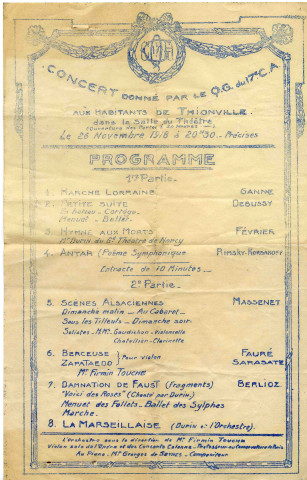 Affiche pour le concert donné par le Q.G. du 17e C.A. aux habitants de Thionville dans la salle du théâtre le 26 novembre 1918.