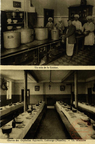 Oeuvre des Orphelins-Apprentis de Guénange (dortoir, cuisine, réfectoire, les premiers communiants de 1932, un groupe d'écoliers, une classe, la fanfare, la salle des fêtes, l'étable, un coin de la ferme, la chapelle, les acrobaties, un groupe de gymnastes, le hall de gymnastique)