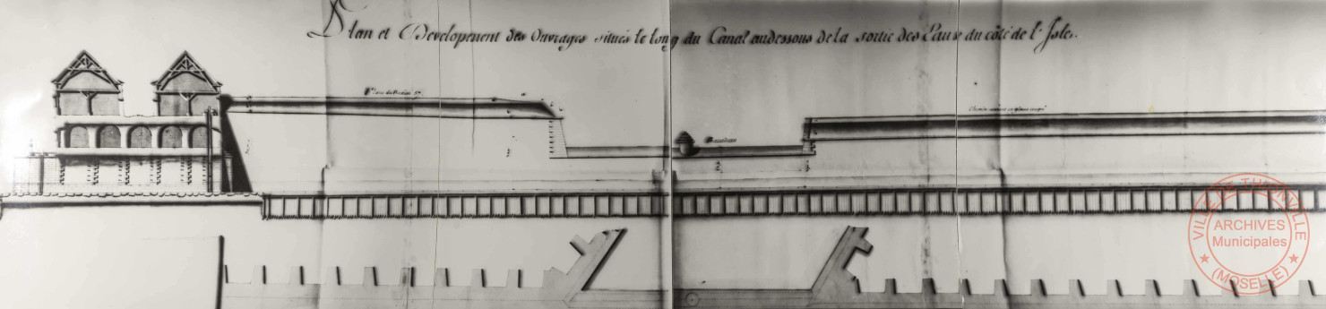 Plan et développement des ouvrages situés le long du canal au-dessous de la sortie des eaux du côté de l'Isle - Développement du flanc du Bastion à la jonction]