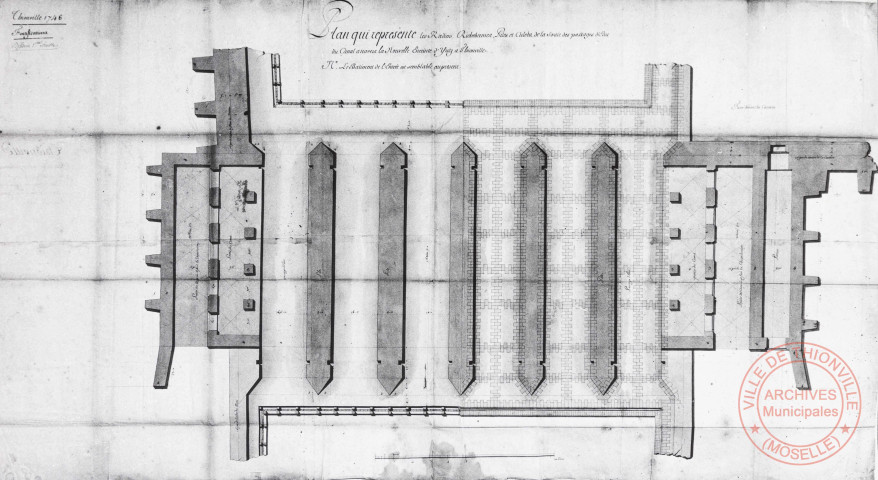 Plan qui représente les radiers, richebermes, bites et culées des passages d'eau du canal à travers la nouvelle enceinte d'Yutz à Thionville