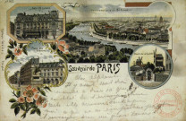 Souvenir de Paris! Gare St Lazare, Panorama pris du Trocadéro, Moulin de la Galette, Place des Victoires.
