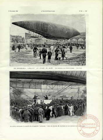 Le dirigeable Lebaudy au champs de Mars.- Les manœuvres d'atterrissage. » « Le public entourant la nacelle du dirigeable « Lebaudy » : dans la nacelle, M. Juchmes et son mécanicien