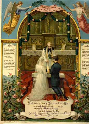 [Diplôme de confirmation de mariage entre Joseph Clement et Catherine Scharff en 1912 à Basse-Kontz]