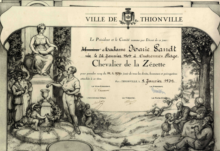 Diplôme de Chevalier de la Zézette décernée à Madame Marie Sandt, née le 26 janvier 1904 à Oudrenne-Plage, le 9 janvier 1939.